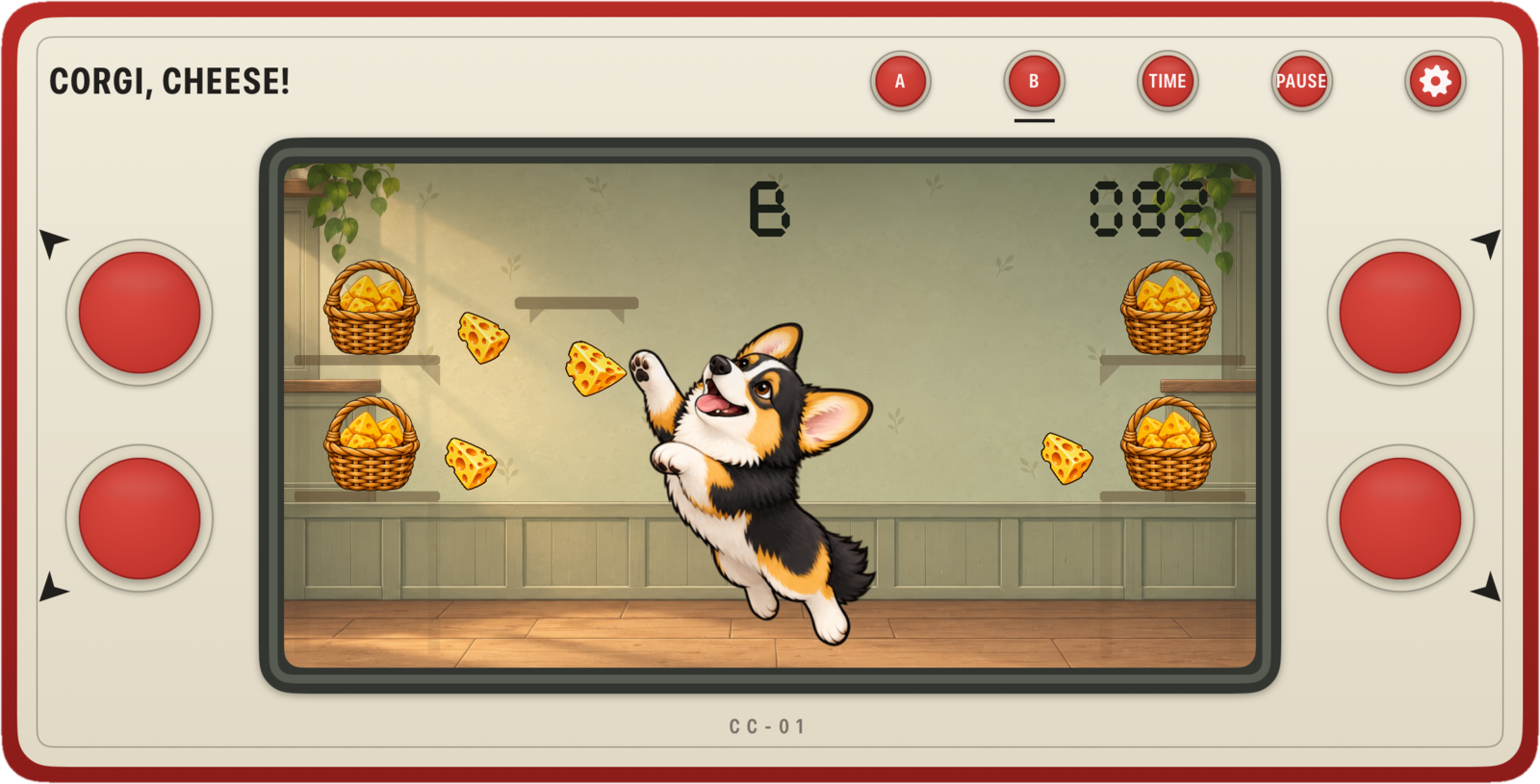 Corgi, Cheese! in play: Sherlock the corgi leaps toward falling cheese wedges between four wicker baskets, inside a red retro handheld game shell.