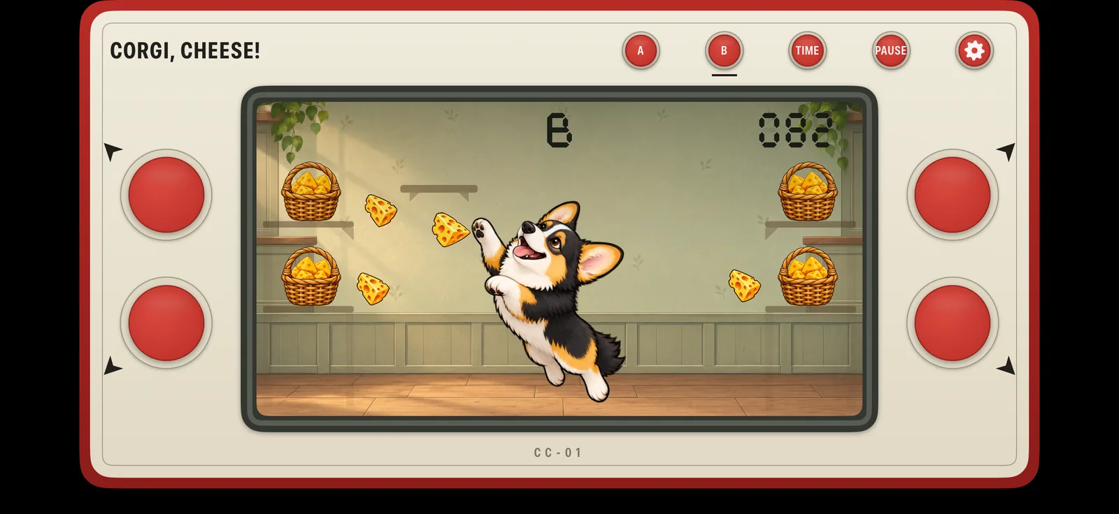 Corgi, Cheese! in play: Sherlock the corgi leaps toward falling cheese wedges between four wicker baskets, inside a red retro handheld game shell.
