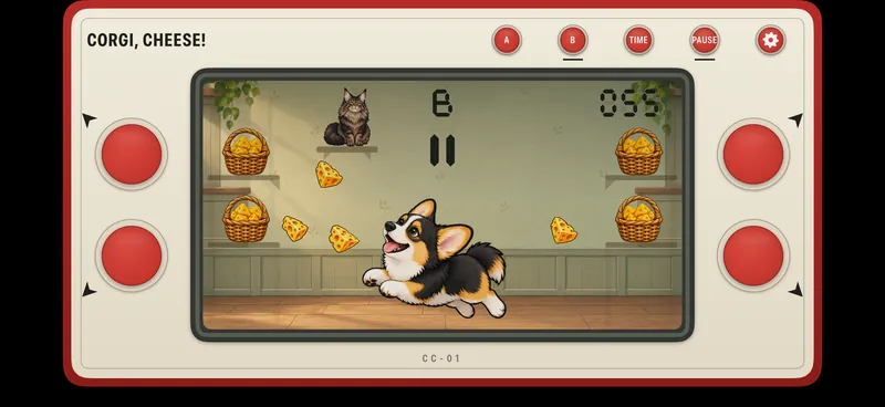 The game paused: a retro pause mark shows on the LCD and the board, including Matisse and five cheese wedges, is frozen.